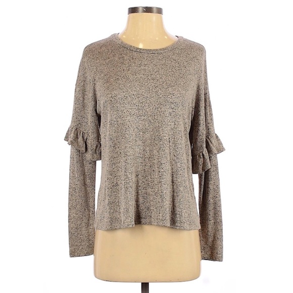 WAYF Marbled Ruffle Sleeve Long Sleeve Crewneck Top White Black Grey XS - Picture 1 of 6